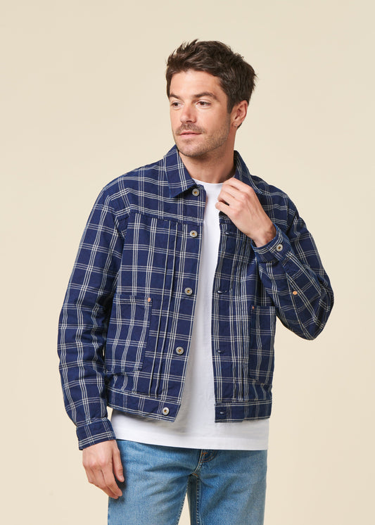 Veste denim en coton bio | bleu "dante ii indigo check jacket - blue"