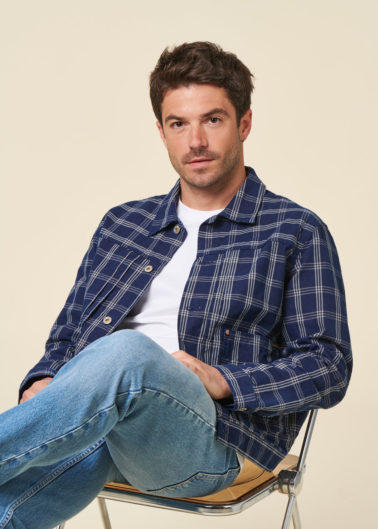 Veste denim en coton bio | bleu "dante ii indigo check jacket - blue"