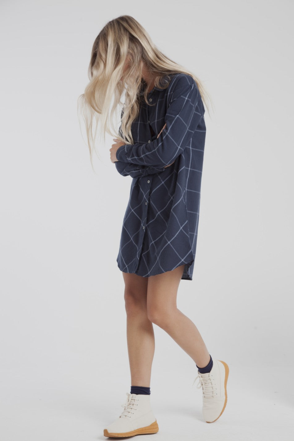 Robe chemise carreaux marine en coton bio - Amanda