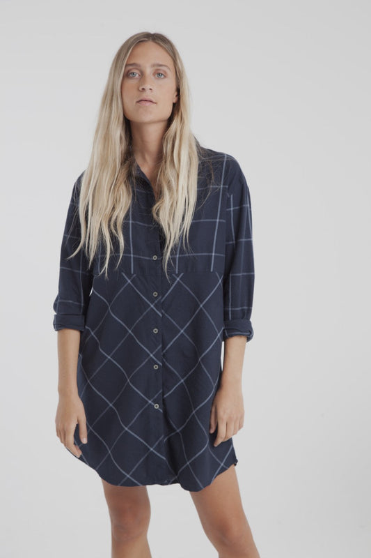 Robe chemise carreaux marine en coton bio - Amanda