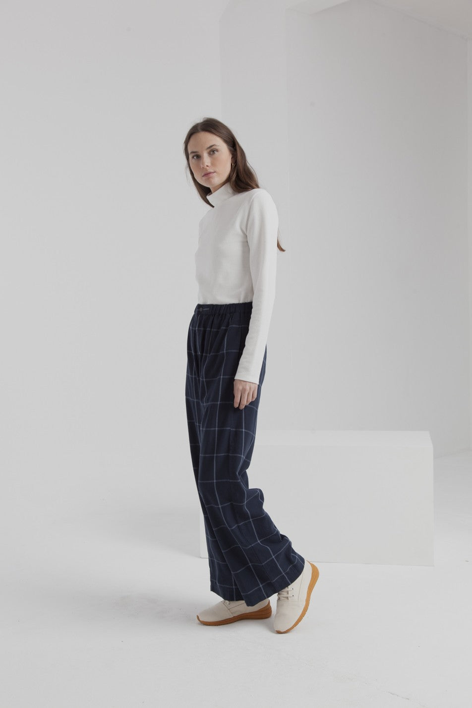 Pantalon large carreaux bleu en coton bio - Mamita
