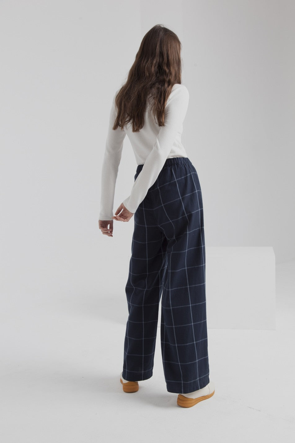 Pantalon large carreaux bleu en coton bio - Mamita