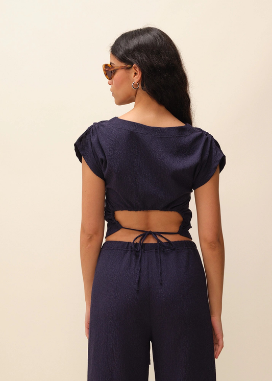 Top fronces épaules en seersucker upcyclé | marine "leila" | Marine