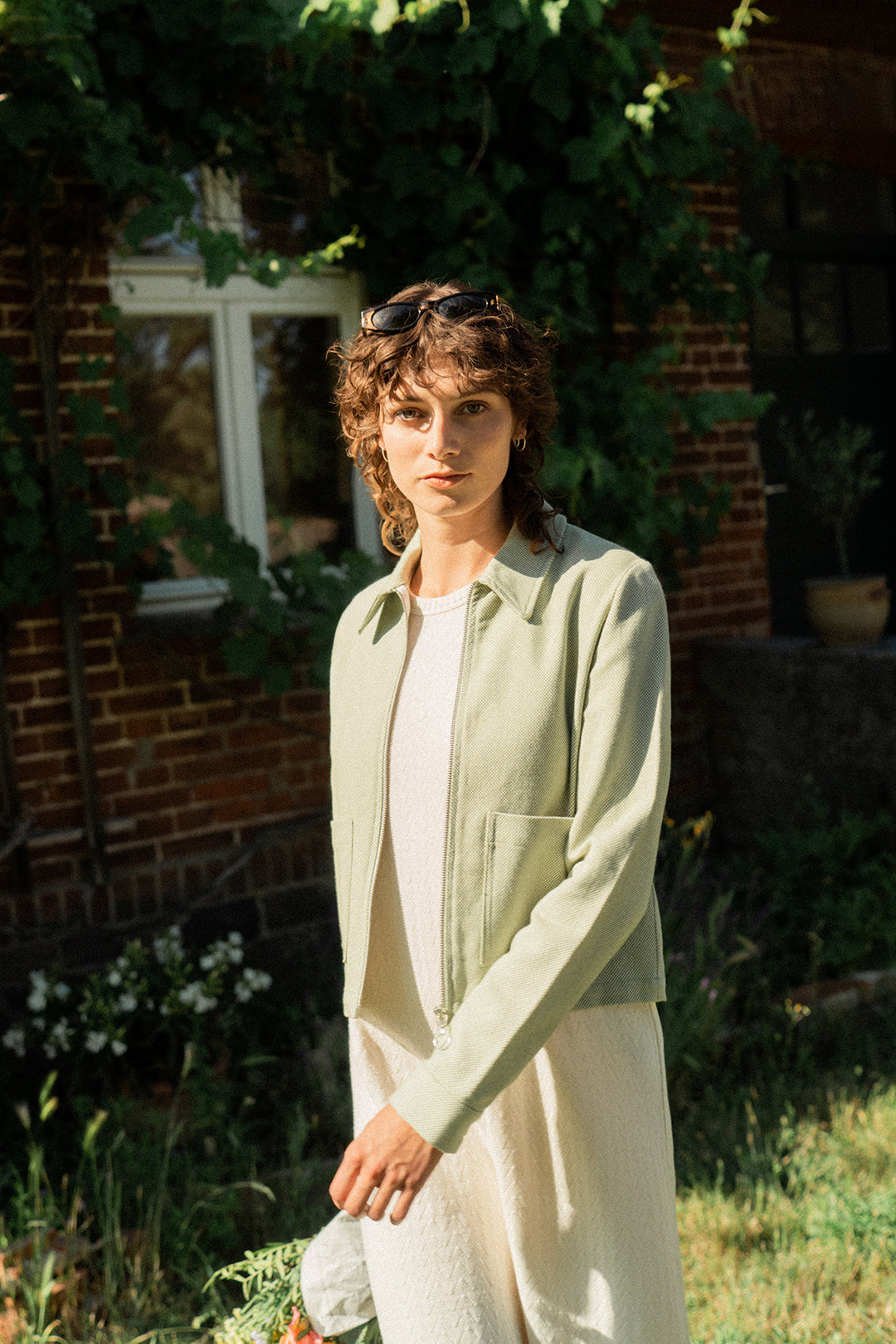 Veste zippée verte à motif en coton bio - boxy jacket green check
