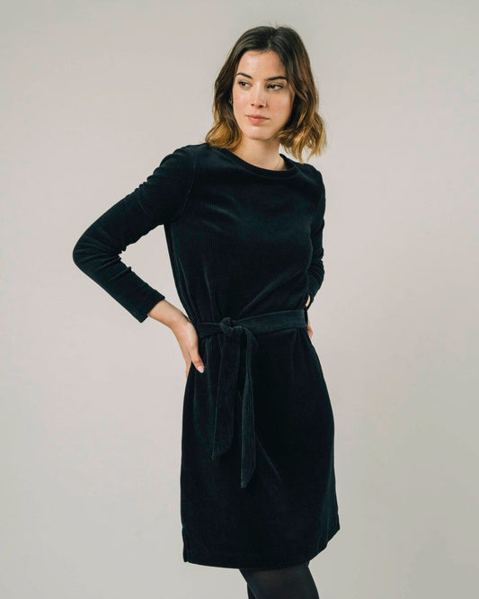 robe noire velours en coton bio - corduroy belted dress black