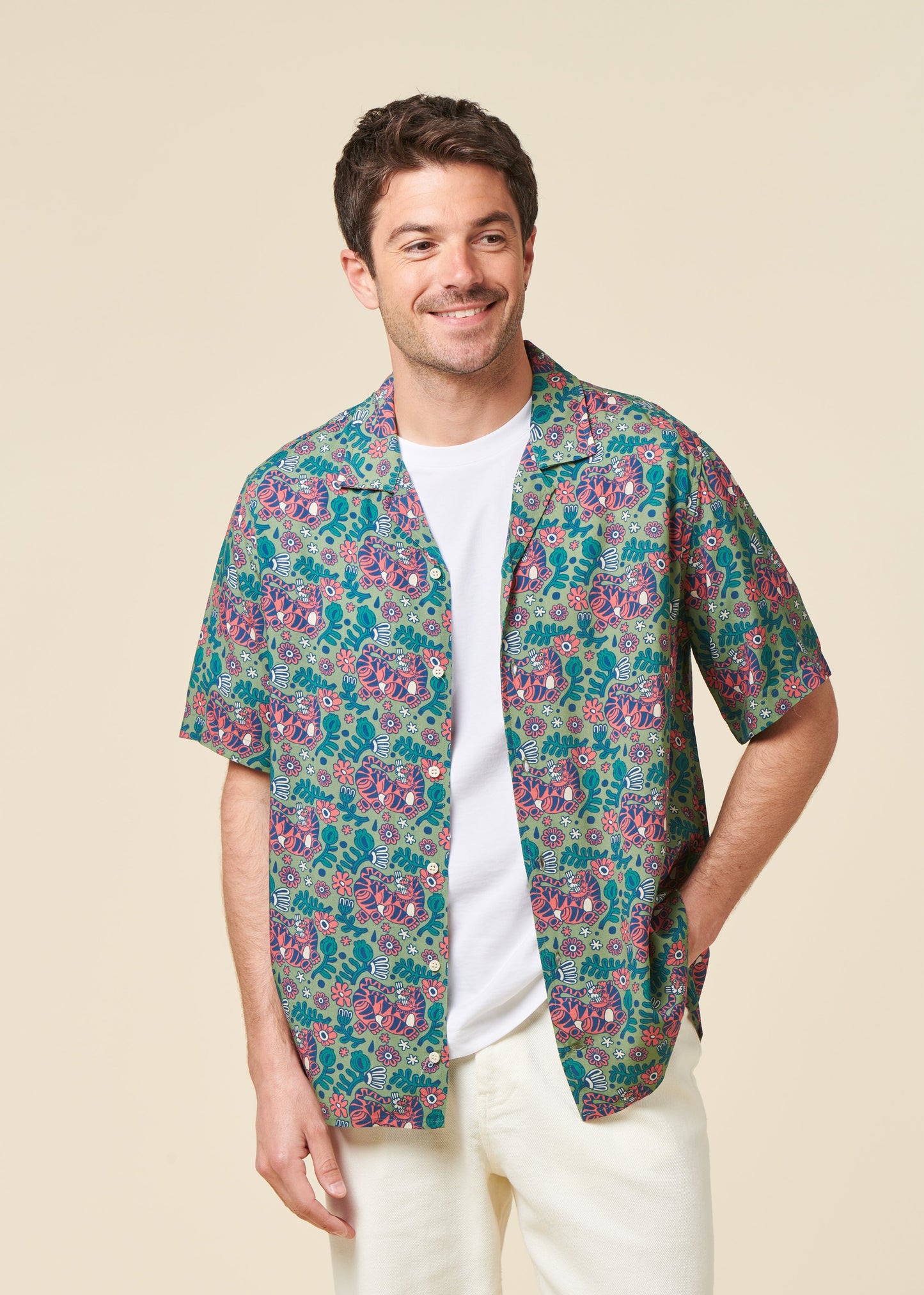 Chemise en ecovero | vert "asis percales tigris aloha shirt light green"