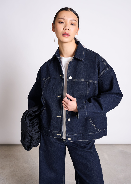 Veste denim en coton bio | brut à surpiqûres "vilme" | Blue denim