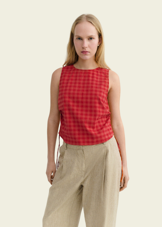 Top seersucker en coton bio | rouge "red checks seersucker florence top" | Red