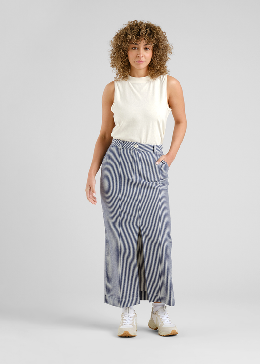 Jupe longue denim en coton bio | rayé "Skirt finsta work stripe blue" | Blue