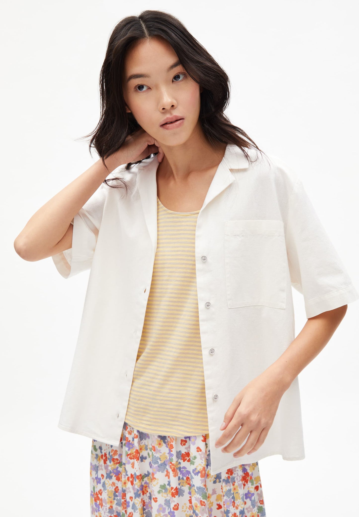 Chemise manches courtes écru en coton bio et lin - cameliaa lino off white