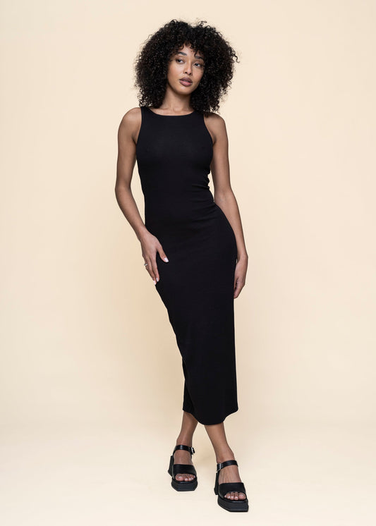 Robe longue côtelée en coton bio | Noir "rib dress motala black"