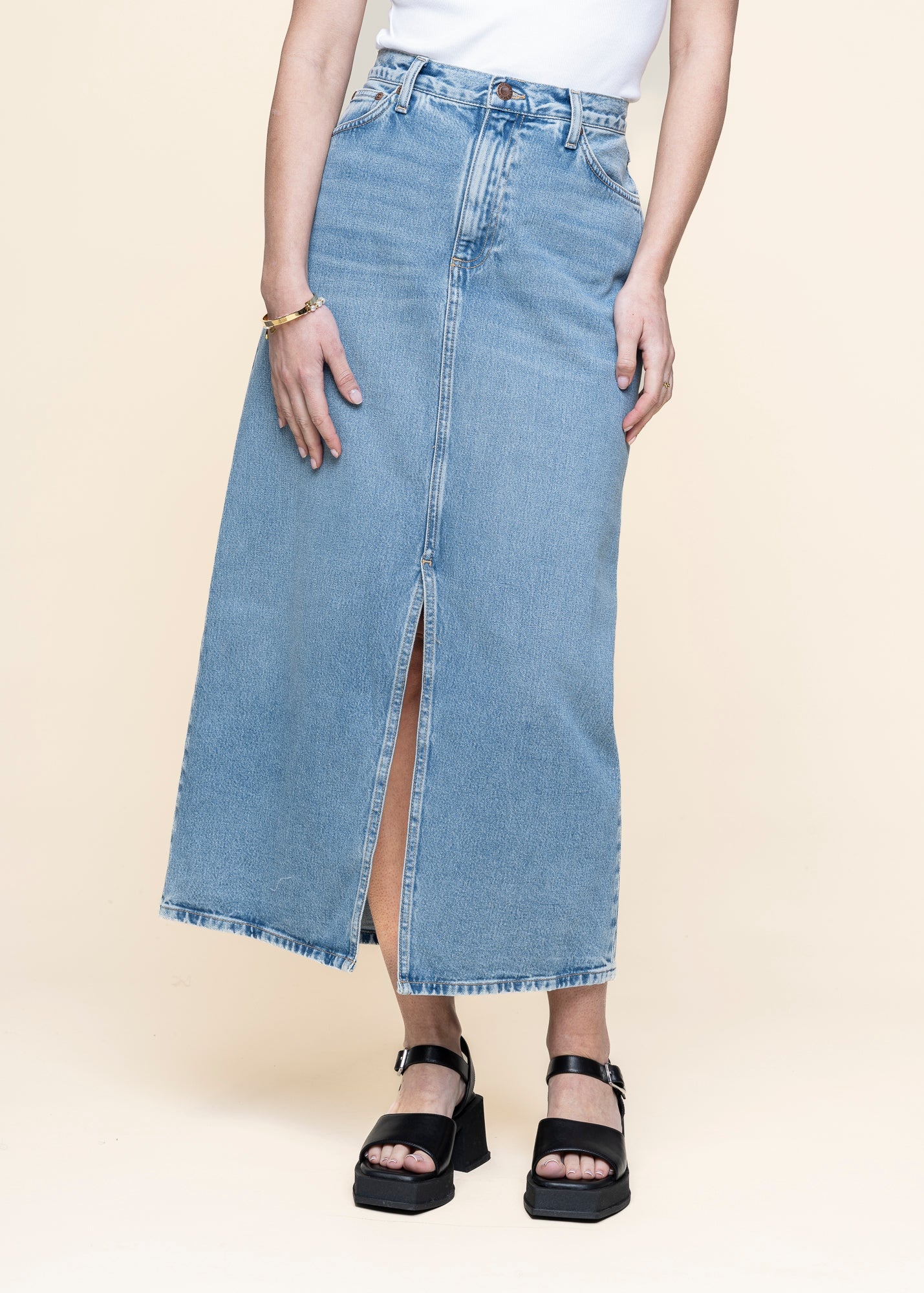 Jupe longue jean en coton bio | bleu "anna denim skirt desert - light blue"