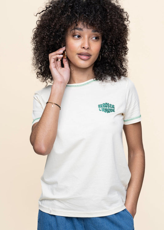 T-shirt en coton bio | écru "Choix - vanille logo vert"