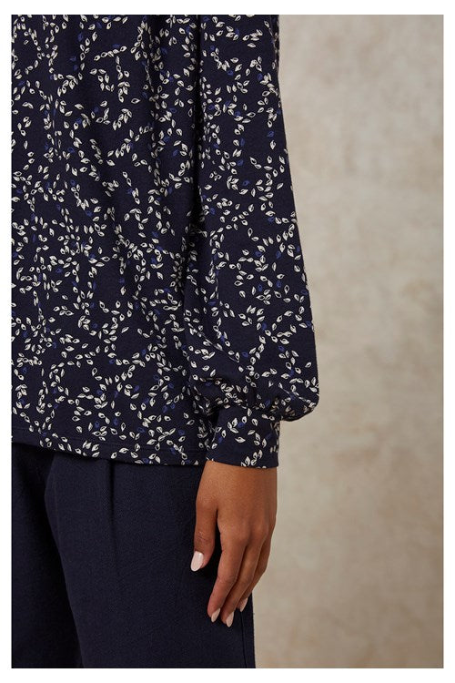 Blouse marine à motifs en coton bio - cara leaf top navy