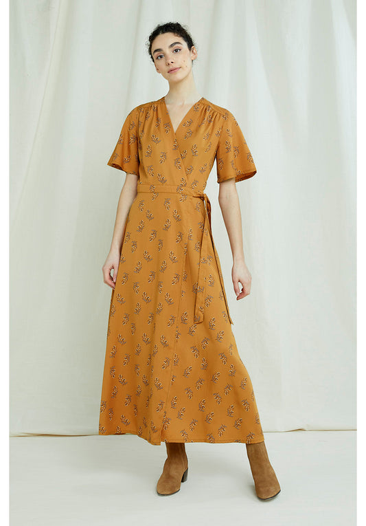 Robe longue orange à imprimé floral en tencel - Caroline