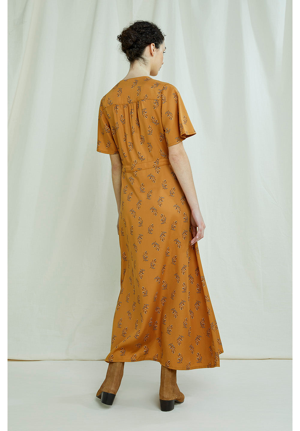 Robe longue orange à imprimé floral en tencel - Caroline