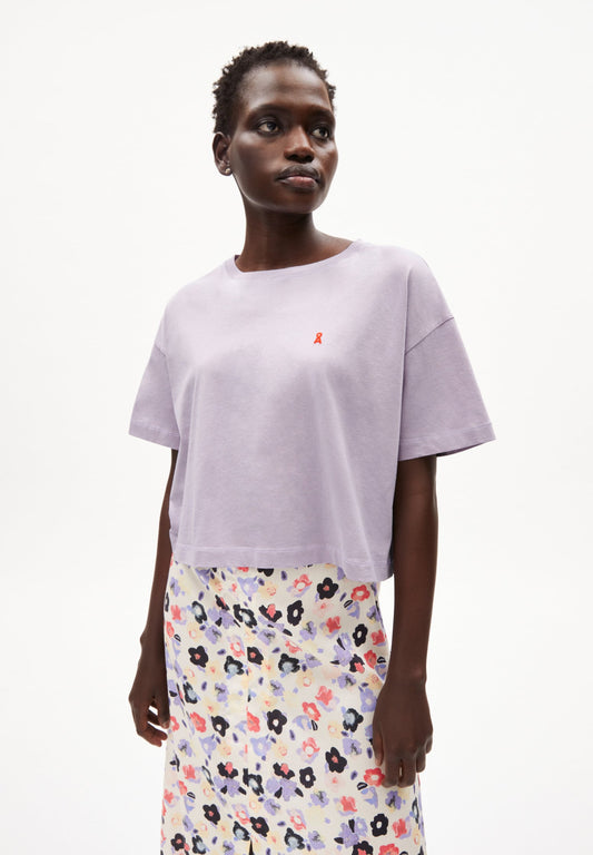 T-shirt lilas en coton bio avec broderie - chaarlotte purple noise