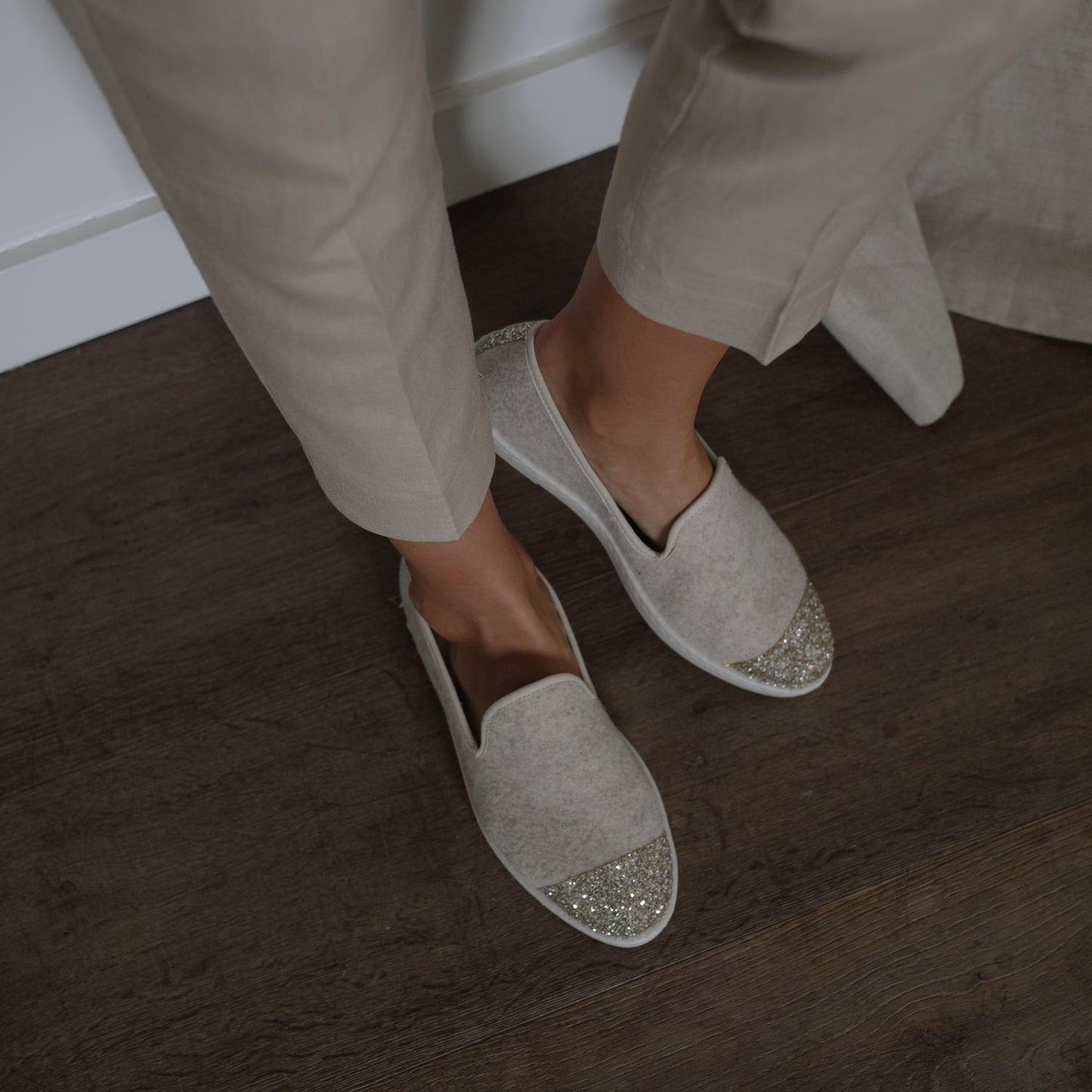 Chaussons en laine recyclée | Beige et paillette "beige sparkling"