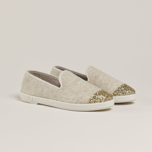 Chaussons en laine recyclée | Beige et paillette "beige sparkling"