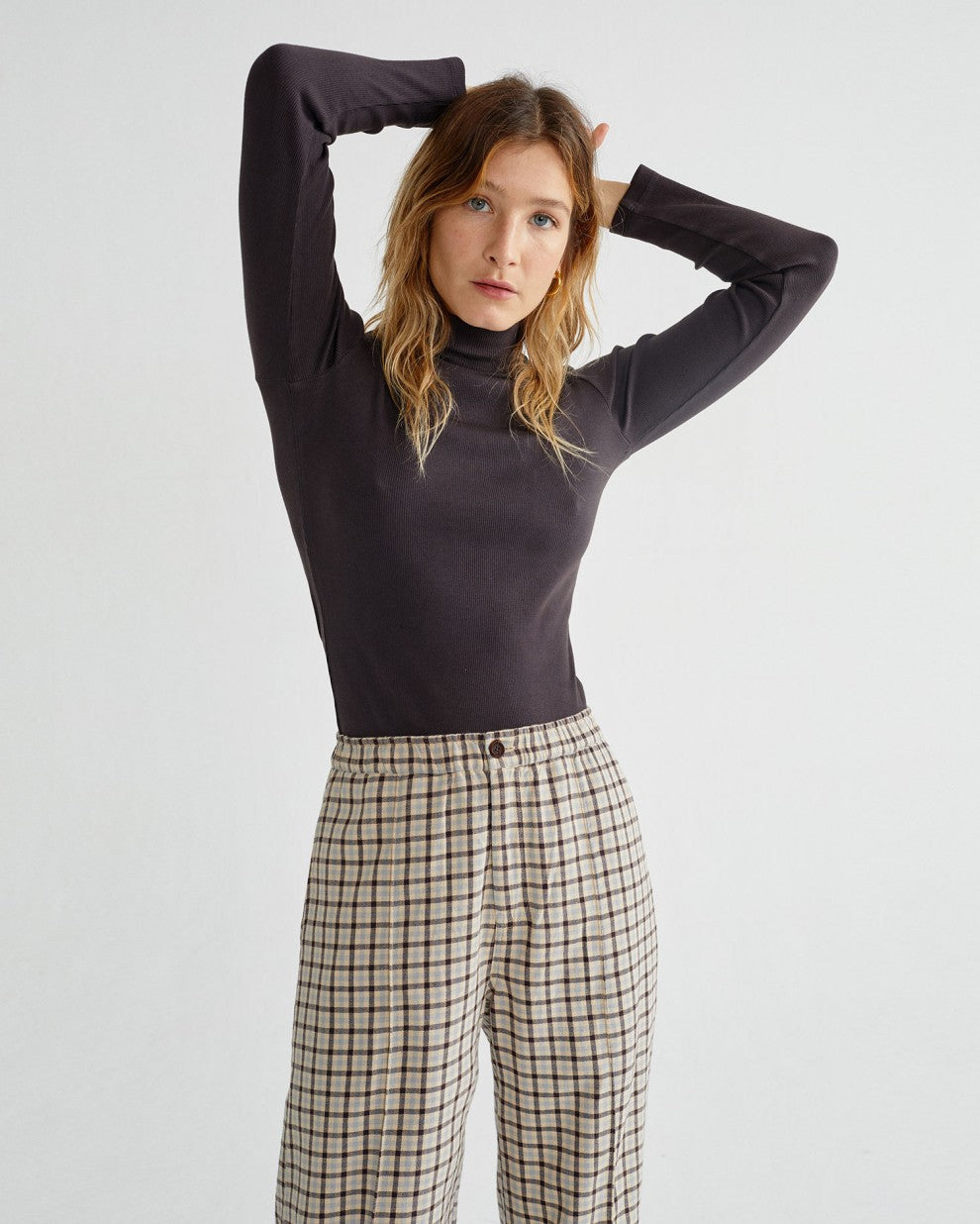 T-shirt manches longues col cheminé marron en coton bio - Aine