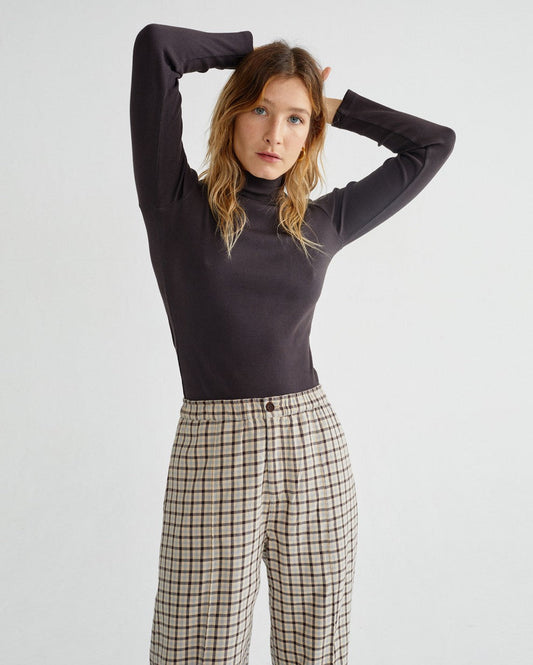 T-shirt manches longues col cheminé marron en coton bio - Aine