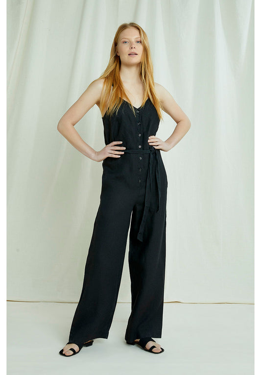 Combinaison longue noire en lin - Clara