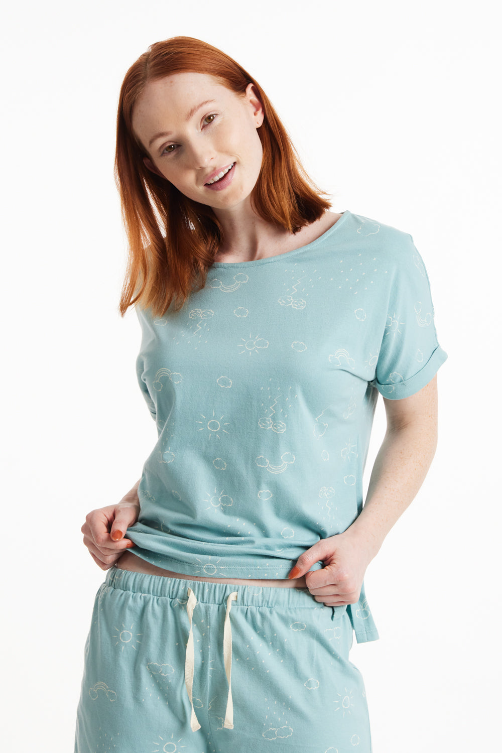 Short turquoise à motifs en coton bio - clouds pyjama shorts green