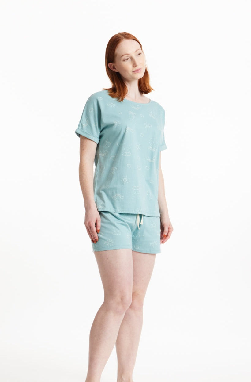 Short turquoise à motifs en coton bio - clouds pyjama shorts green