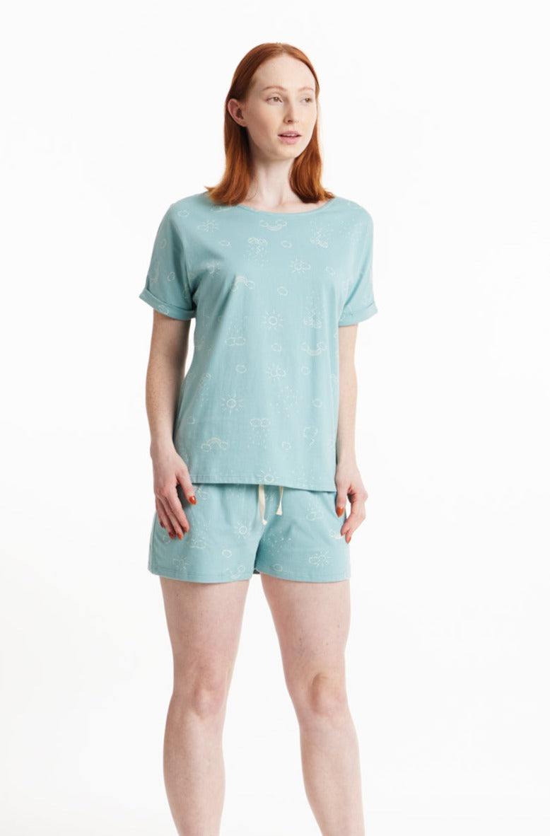 T-shirt turquoise à motifs en coton bio - clouds pyjama tee green