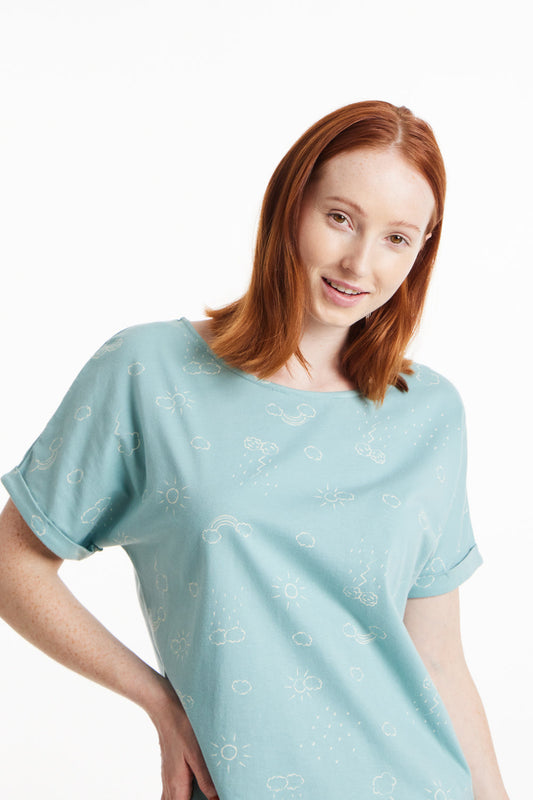 T-shirt turquoise à motifs en coton bio - clouds pyjama tee green