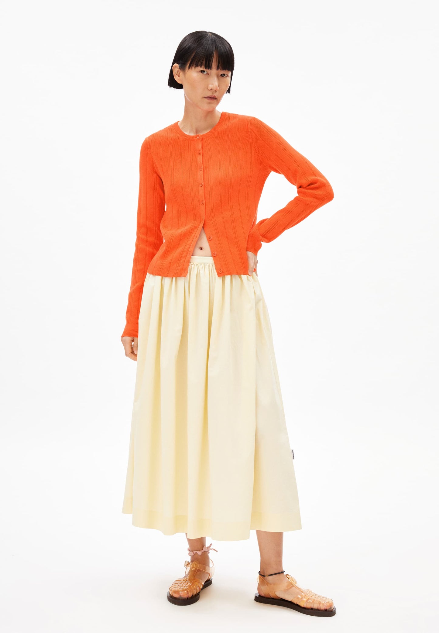 Gilet pointelle maille en coton bio | orange "cressidaa crepe - sunset orange"