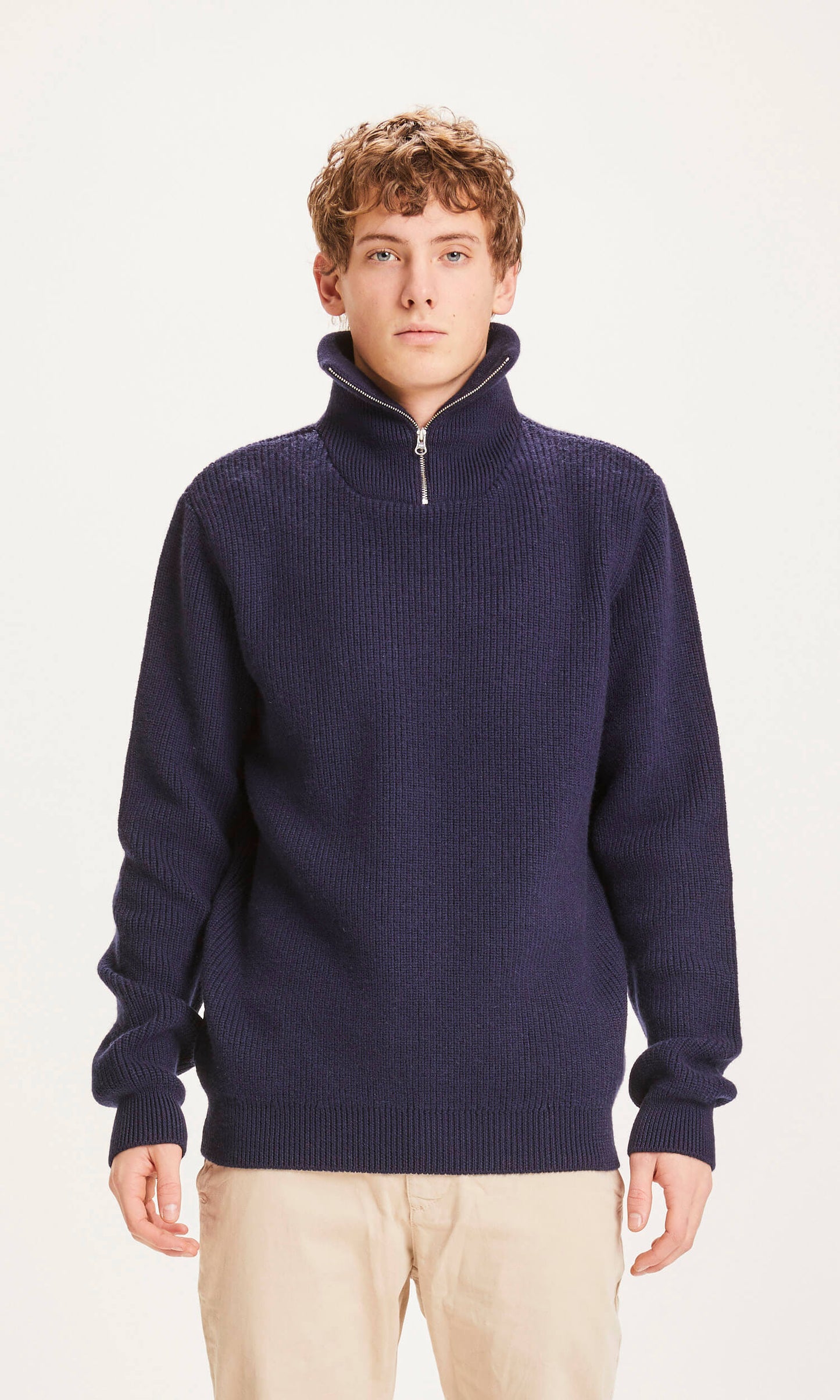 Pull col zippé marine en laine mérinos biologique - valley 1/2 neck zip