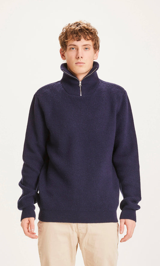 Pull col zippé marine en laine mérinos biologique - valley 1/2 neck zip