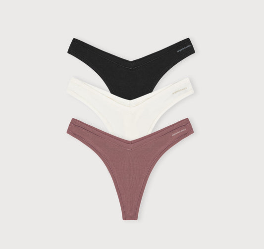 Pack 3 strings en coton bio | Noir, blanc et vieux rose "flex thong 3-pack off white rosewood black"