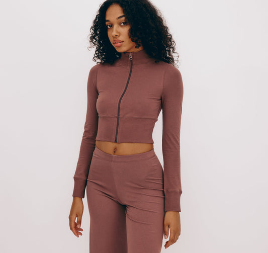 Veste courte zippée en coton bio | Vieux rose "core sport crop zip jacket rose wood"