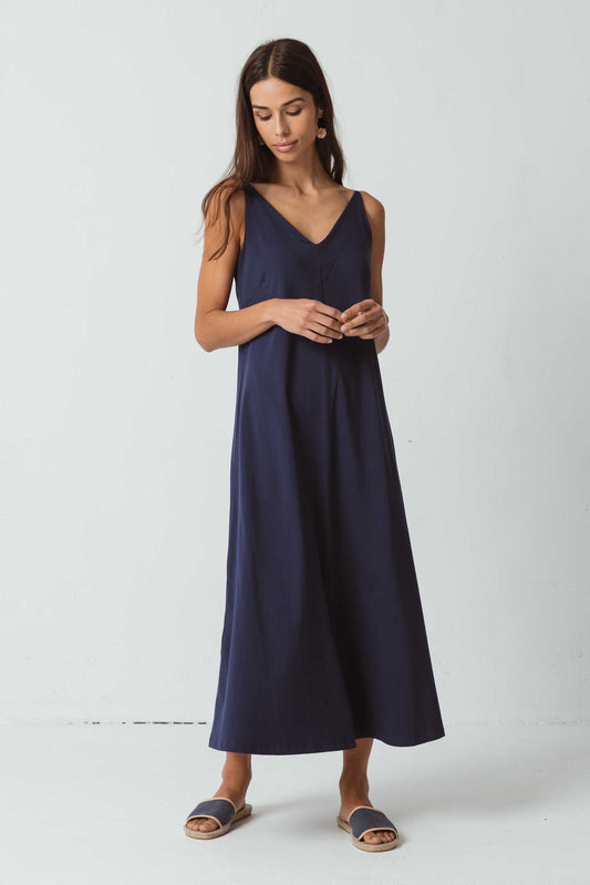 Robe longue marine en coton bio - alane bleu marine