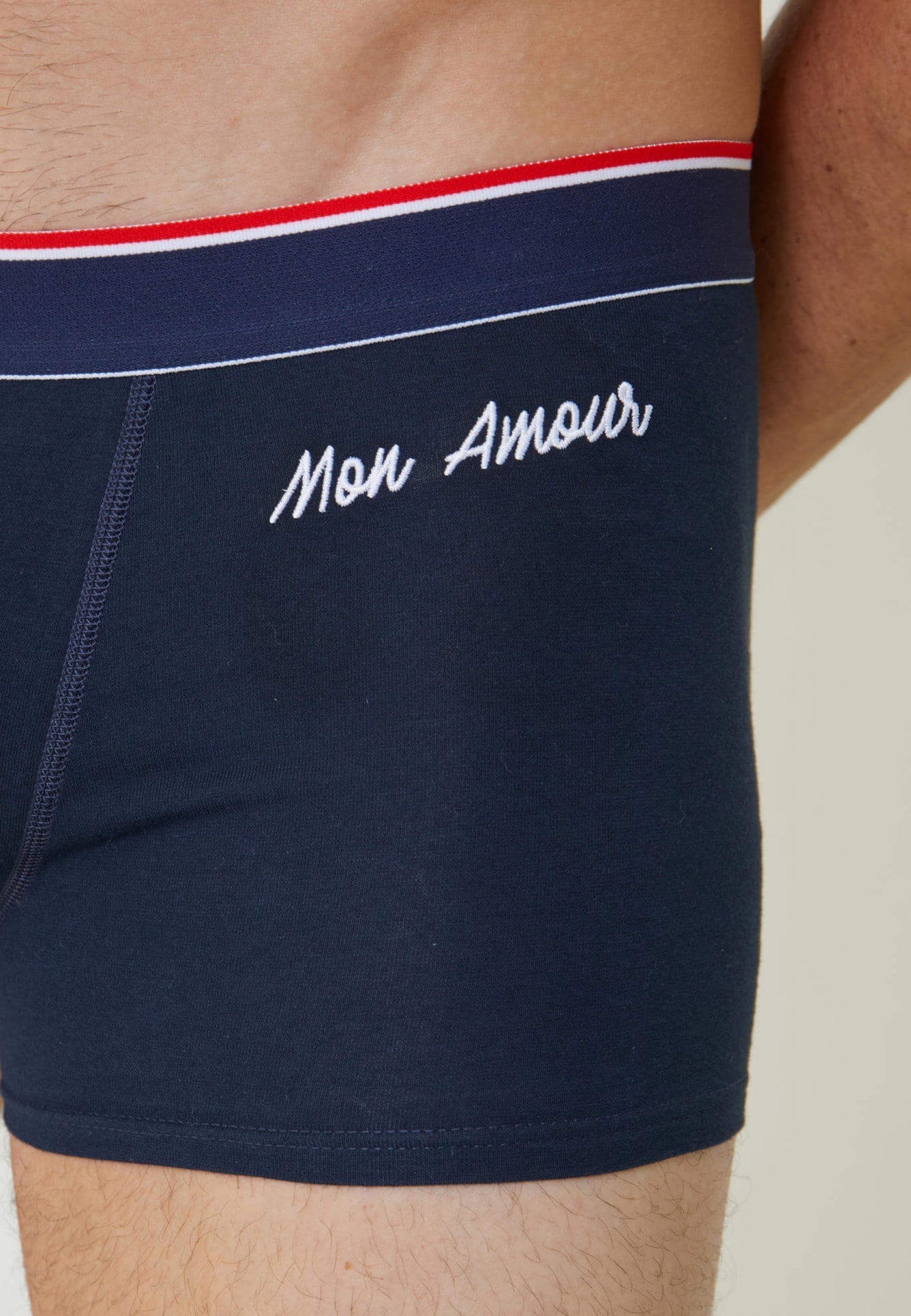 Boxer made in France brodé en coton bio | bleu "marius plus bleu amour"