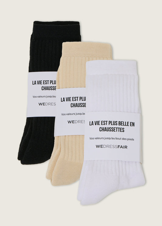 Pack de 3 paires de chaussettes en coton bio | blanc - noir - écru