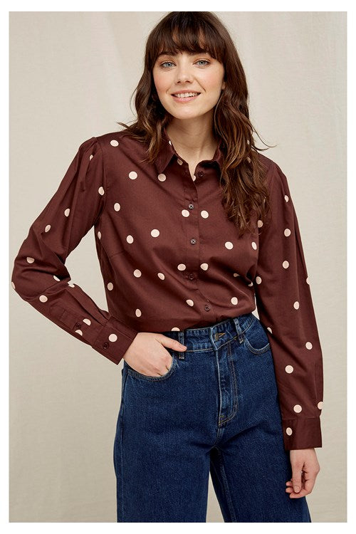 Chemise marron à pois en coton bio - Edie Polka dot