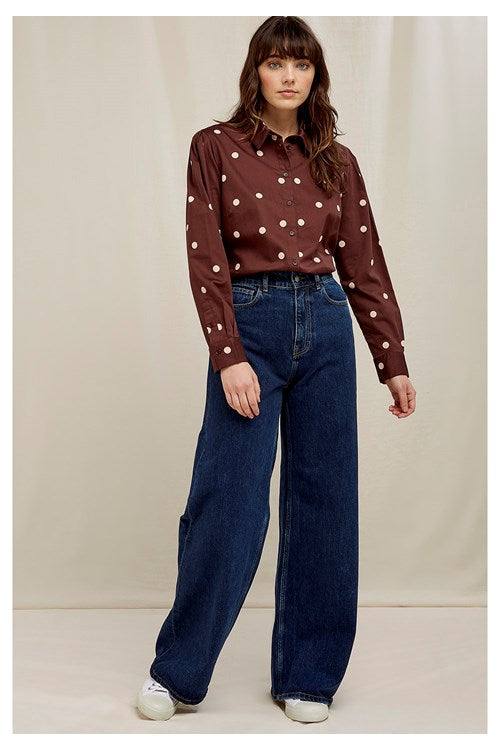 Chemise marron à pois en coton bio - Edie Polka dot