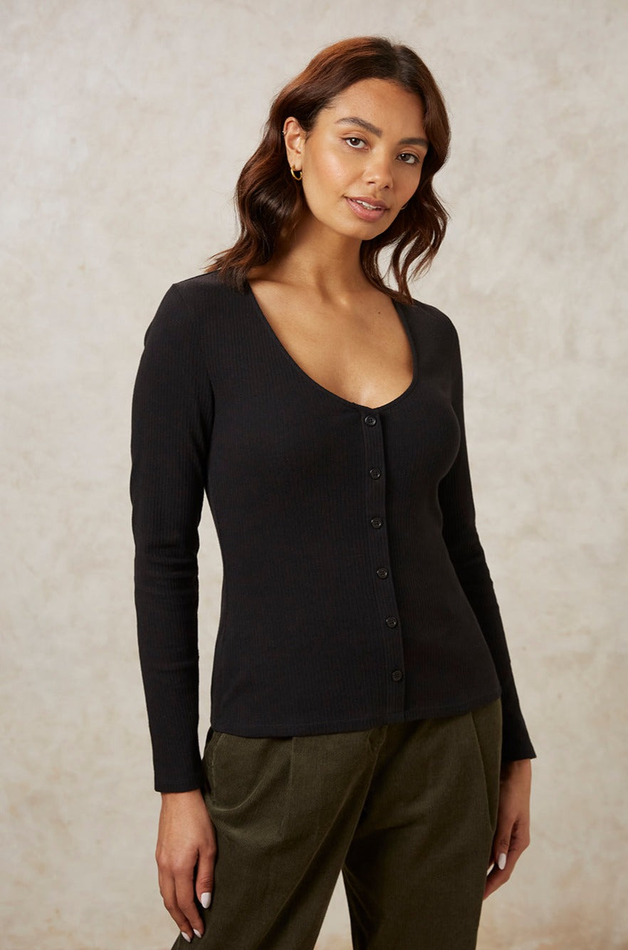 Gilet noir en coton bio - ellie rib cardigan black