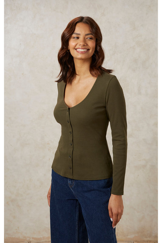 Gilet kaki en coton bio - ellie rib top khaki