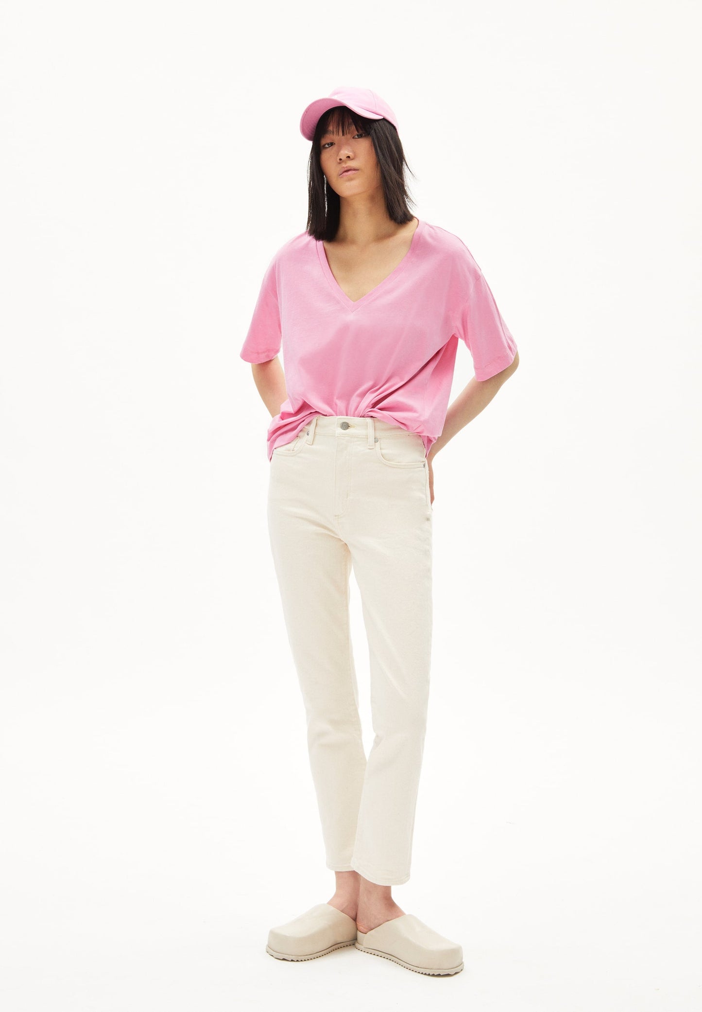 T-shirt col v en coton bio | Rose "demikaa raspberry pink"