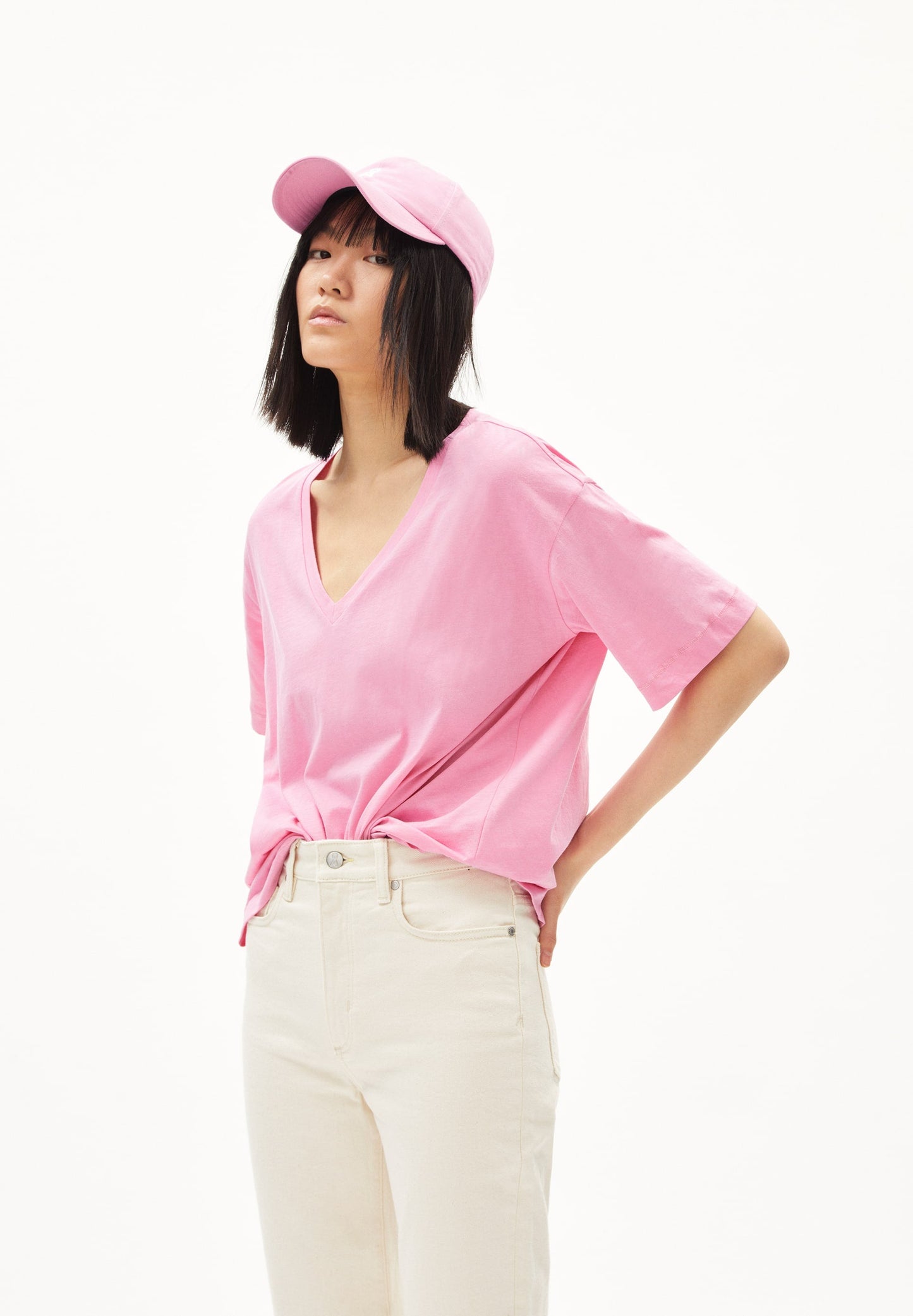 T-shirt col v en coton bio | Rose "demikaa raspberry pink"