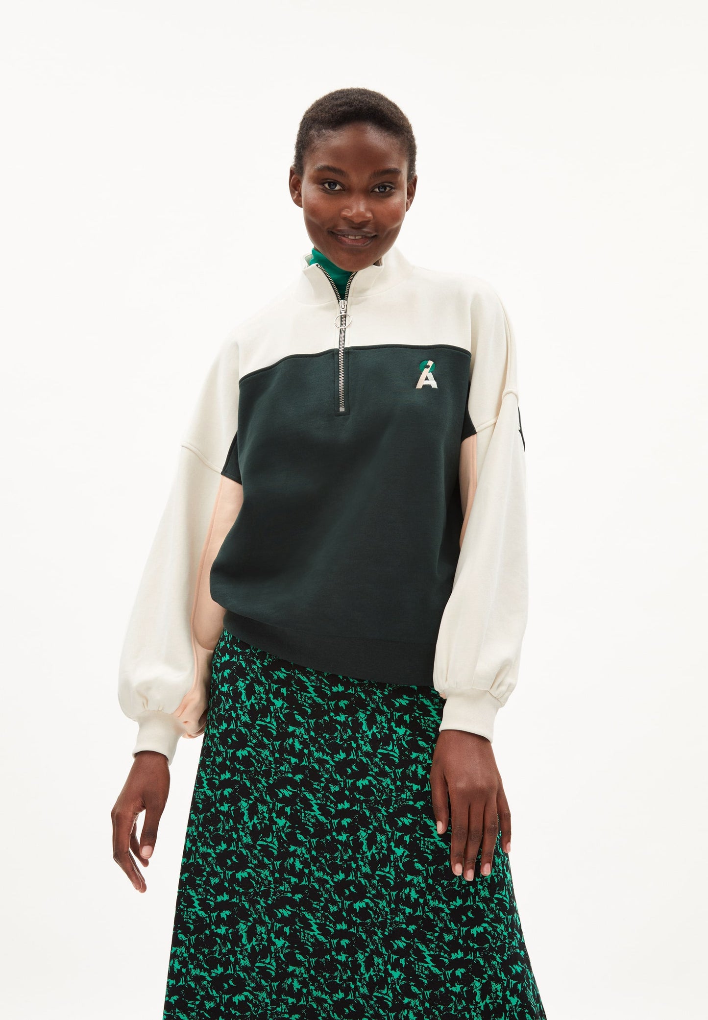 Sweat col zippé multicolore en coton bio - eminaa color block pompero-dark scarab