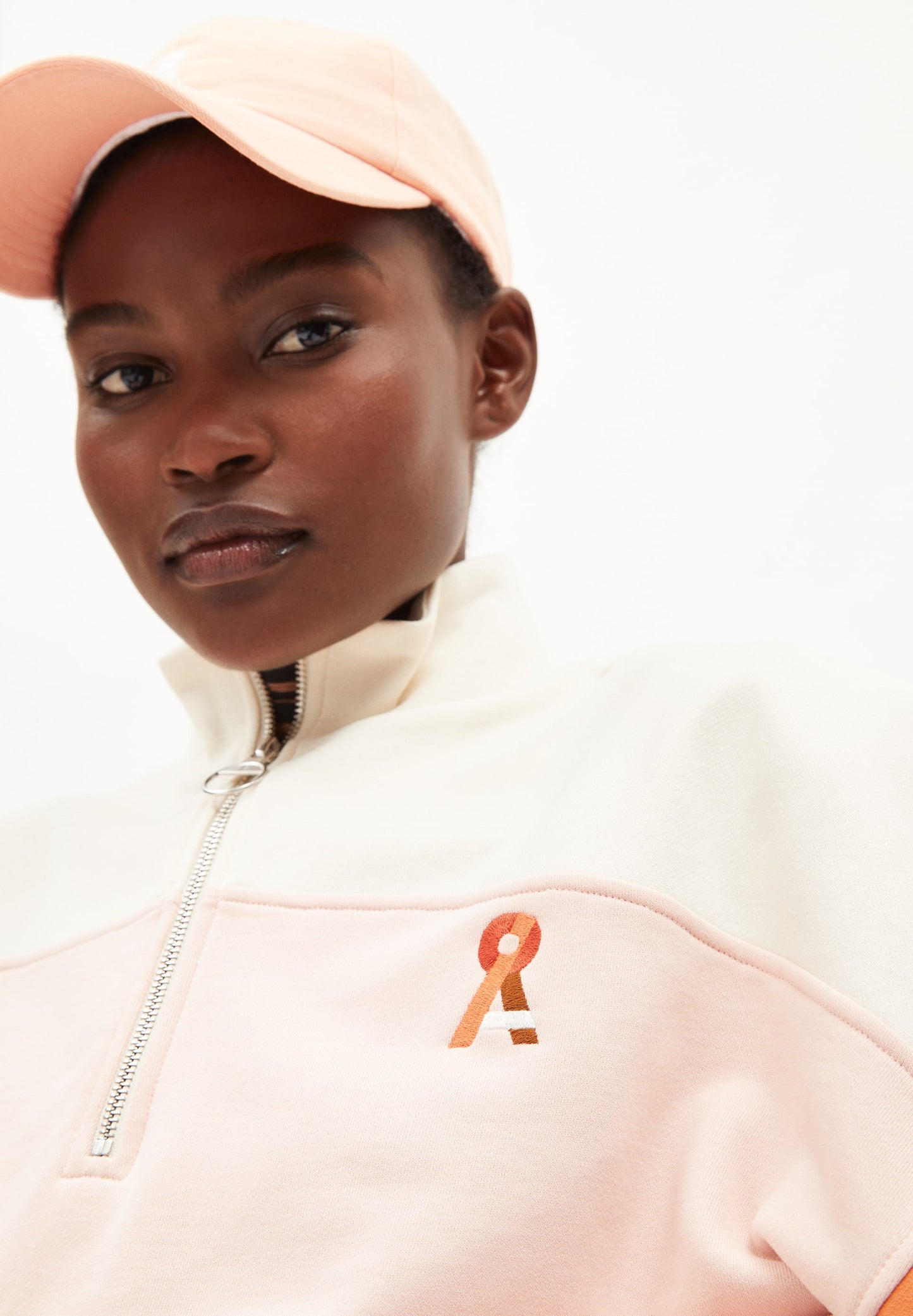 Sweat col zippé multicolore en coton bio - eminaa color block rose quartz-light burnt