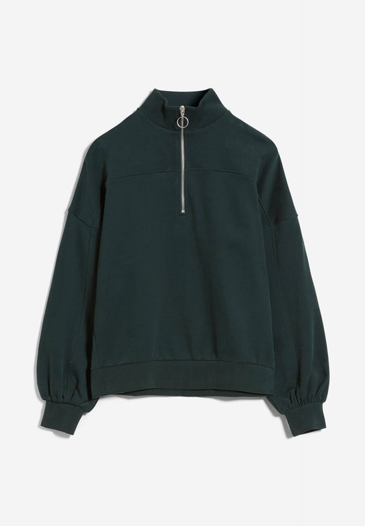 Sweat col zippé vert foncé en coton bio - eminaa dark scarab