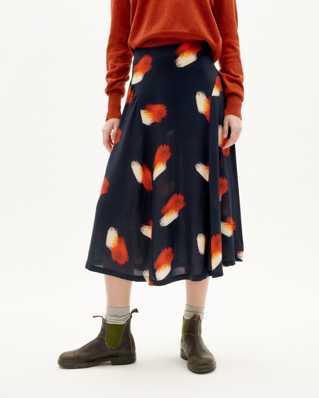 Jupe longue marine à motifs en ecovero - flowers amelie skirt navy