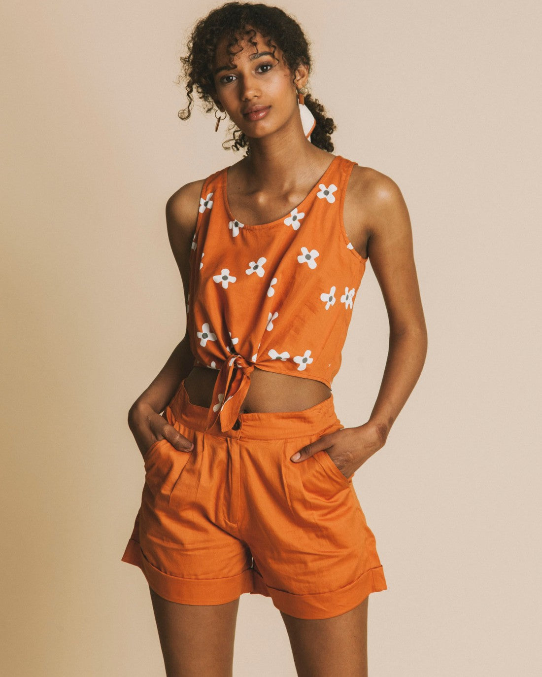 Crop top terracotta motif fleurs en coton - Bambili