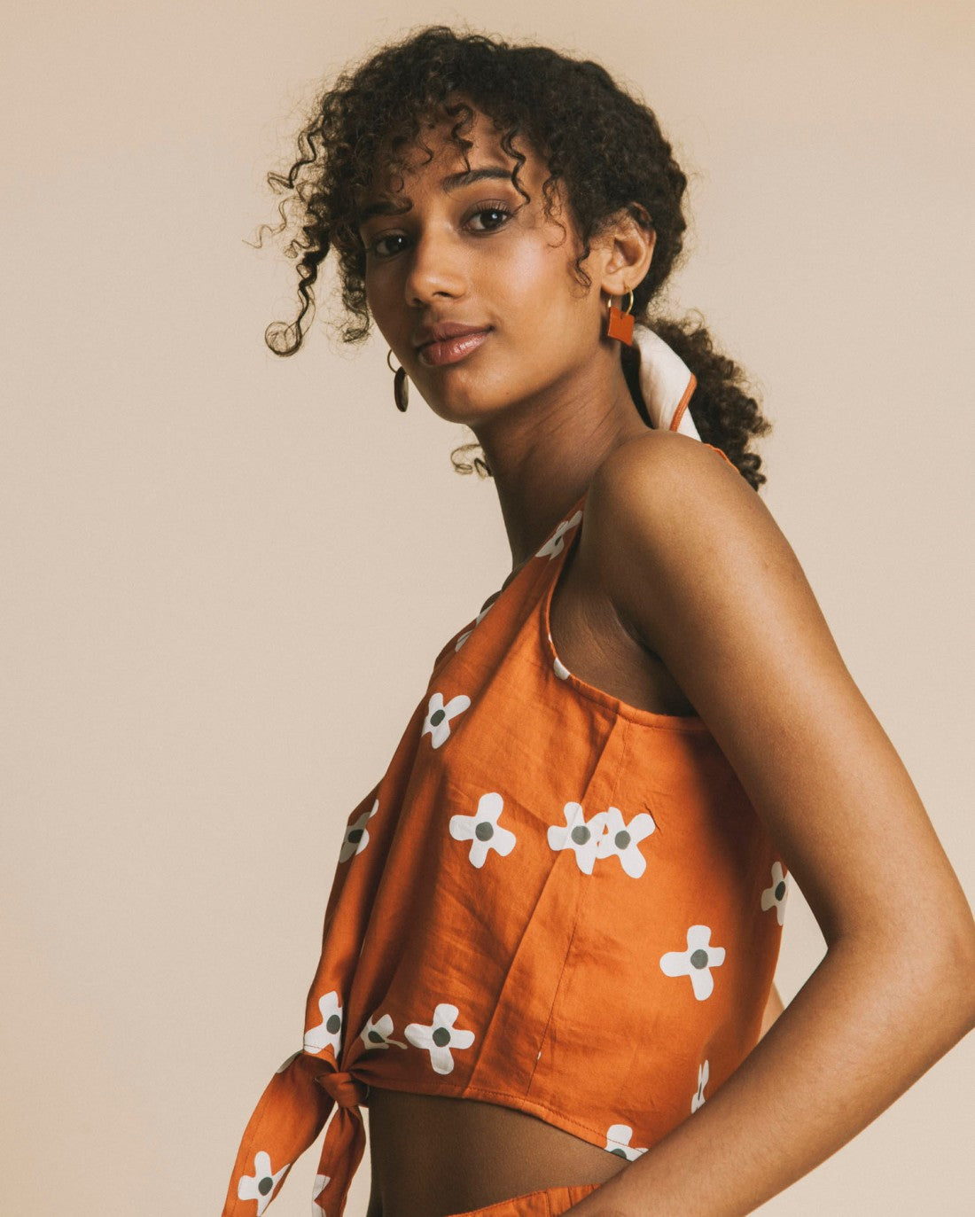 Crop top terracotta motif fleurs en coton - Bambili